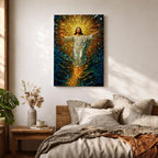 A stained glass style artwork depicting Jesus Christ rising with arms outstretched, radiant golden light emanating behind him, surrounded by deep blue and amber glass fragments, capturing the moment of resurrection in vivid mosaic-like detail.