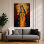 A mosaic-style icon of Virgin Mary depicts the Blessed Mother with hands clasped in prayer, wearing a blue mantle adorned with stars and a radiant golden halo behind her head, composed of small colorful tiles forming a vibrant religious portrait.