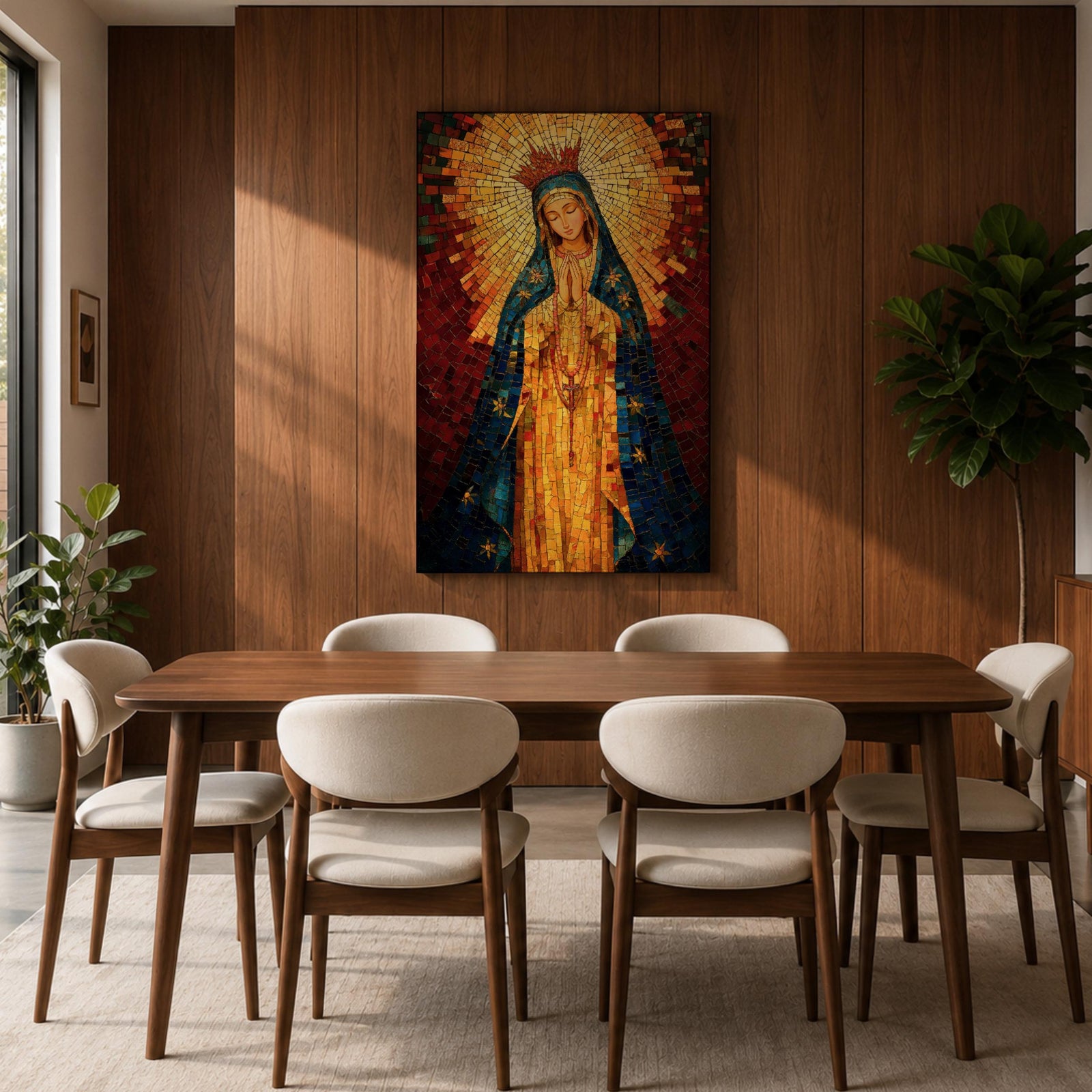 A mosaic-style icon of Virgin Mary depicts the Blessed Mother with hands clasped in prayer, wearing a blue mantle adorned with stars and a radiant golden halo behind her head, composed of small colorful tiles forming a vibrant religious portrait.