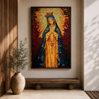 A mosaic-style icon of Virgin Mary depicts the Blessed Mother with hands clasped in prayer, wearing a blue mantle adorned with stars and a radiant golden halo behind her head, composed of small colorful tiles forming a vibrant religious portrait.