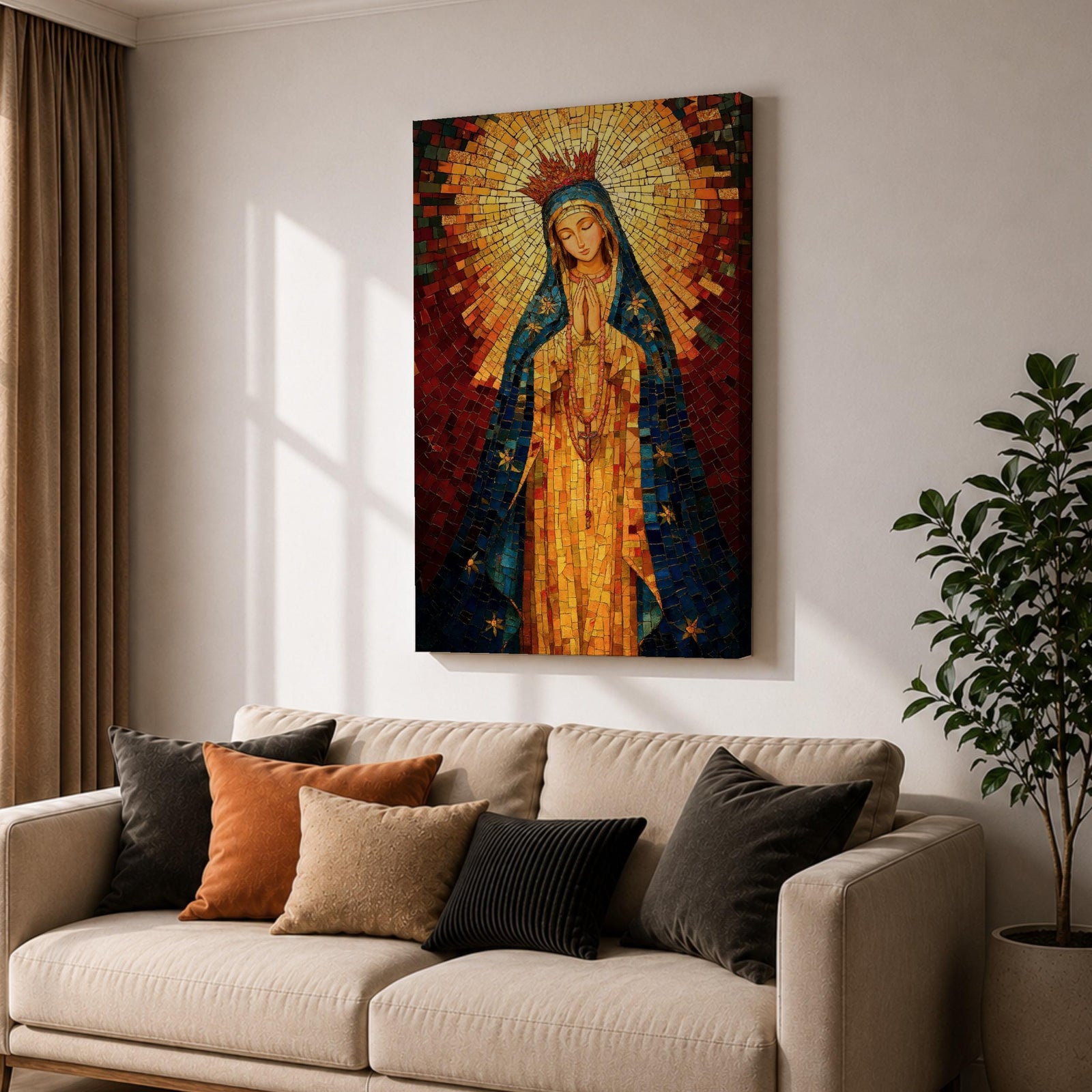 A mosaic-style icon of Virgin Mary depicts the Blessed Mother with hands clasped in prayer, wearing a blue mantle adorned with stars and a radiant golden halo behind her head, composed of small colorful tiles forming a vibrant religious portrait.