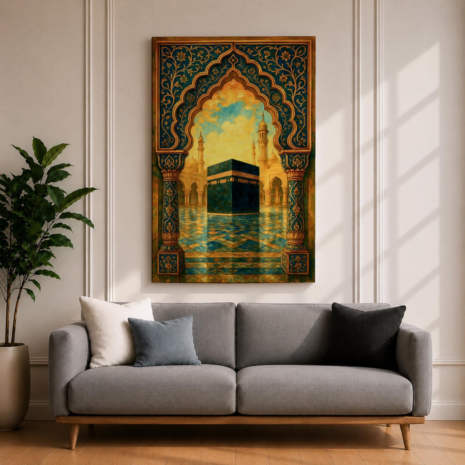 Textured Islamic artwork depicting the Kaaba in the courtyard of Masjid Al Haram framed by an ornate decorative archway with intricate floral patterns, with mosque minarets rising in the background under warm golden clouds.