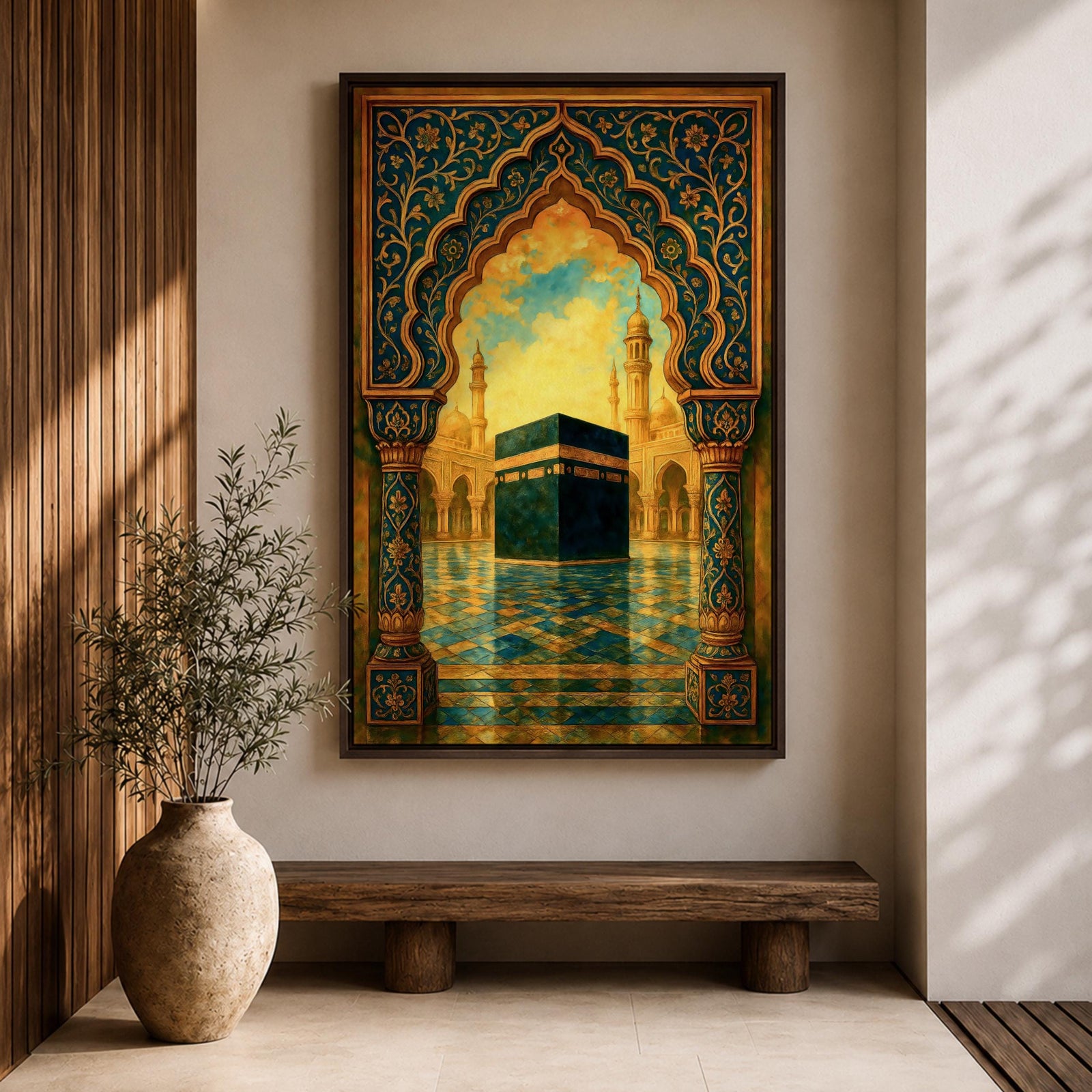 Textured Islamic artwork depicting the Kaaba in the courtyard of Masjid Al Haram framed by an ornate decorative archway with intricate floral patterns, with mosque minarets rising in the background under warm golden clouds.