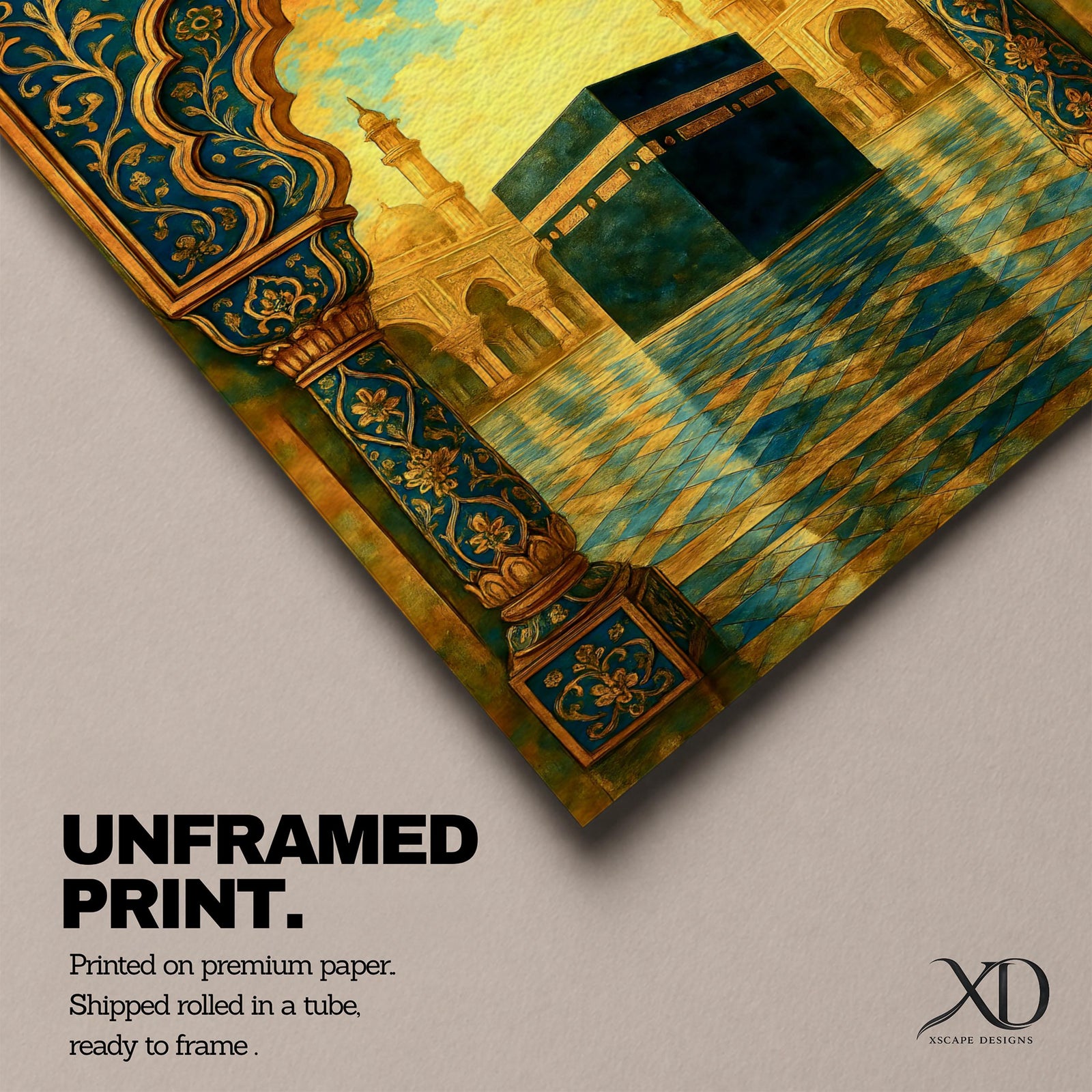 Textured Islamic artwork depicting the Kaaba in the courtyard of Masjid Al Haram framed by an ornate decorative archway with intricate floral patterns, with mosque minarets rising in the background under warm golden clouds.