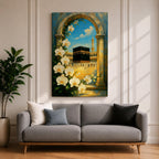 Oil-style painting of the Kaaba at Masjid Al Haram in Mecca viewed through a stone archway framed with blooming white orchids, with mosque arches and a tall minaret rising under a bright blue sky with soft clouds.
