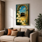 Oil-style painting of the Kaaba at Masjid Al Haram in Mecca viewed through a stone archway framed with blooming white orchids, with mosque arches and a tall minaret rising under a bright blue sky with soft clouds.