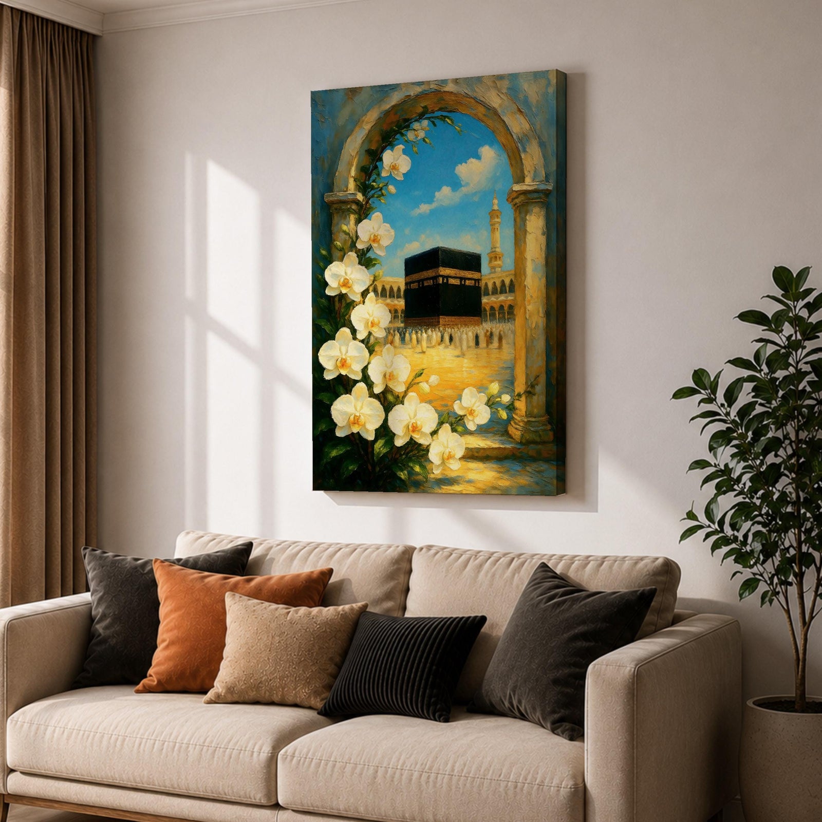 Oil-style painting of the Kaaba at Masjid Al Haram in Mecca viewed through a stone archway framed with blooming white orchids, with mosque arches and a tall minaret rising under a bright blue sky with soft clouds.