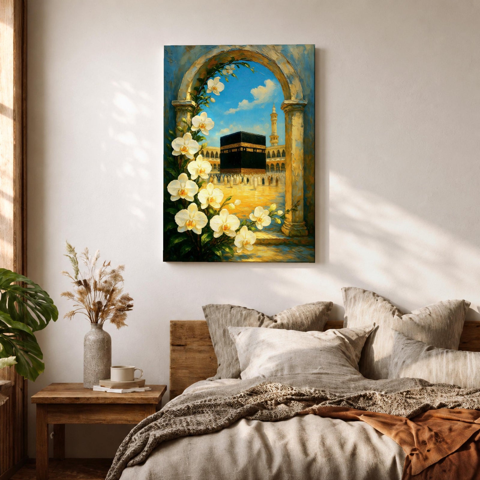 Oil-style painting of the Kaaba at Masjid Al Haram in Mecca viewed through a stone archway framed with blooming white orchids, with mosque arches and a tall minaret rising under a bright blue sky with soft clouds.