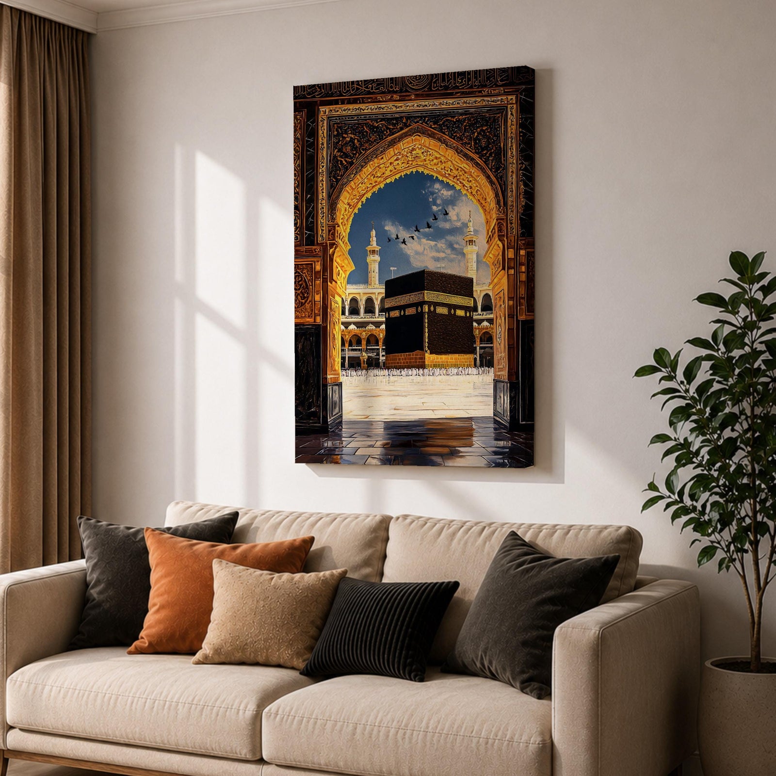 Artwork depicting the Kaaba in Masjid Al Haram in Mecca viewed through an ornate golden mosque arch, with two tall minarets rising behind the sacred courtyard and birds flying across a bright blue sky.