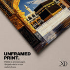 Artwork depicting the Kaaba in Masjid Al Haram in Mecca viewed through an ornate golden mosque arch, with two tall minarets rising behind the sacred courtyard and birds flying across a bright blue sky.