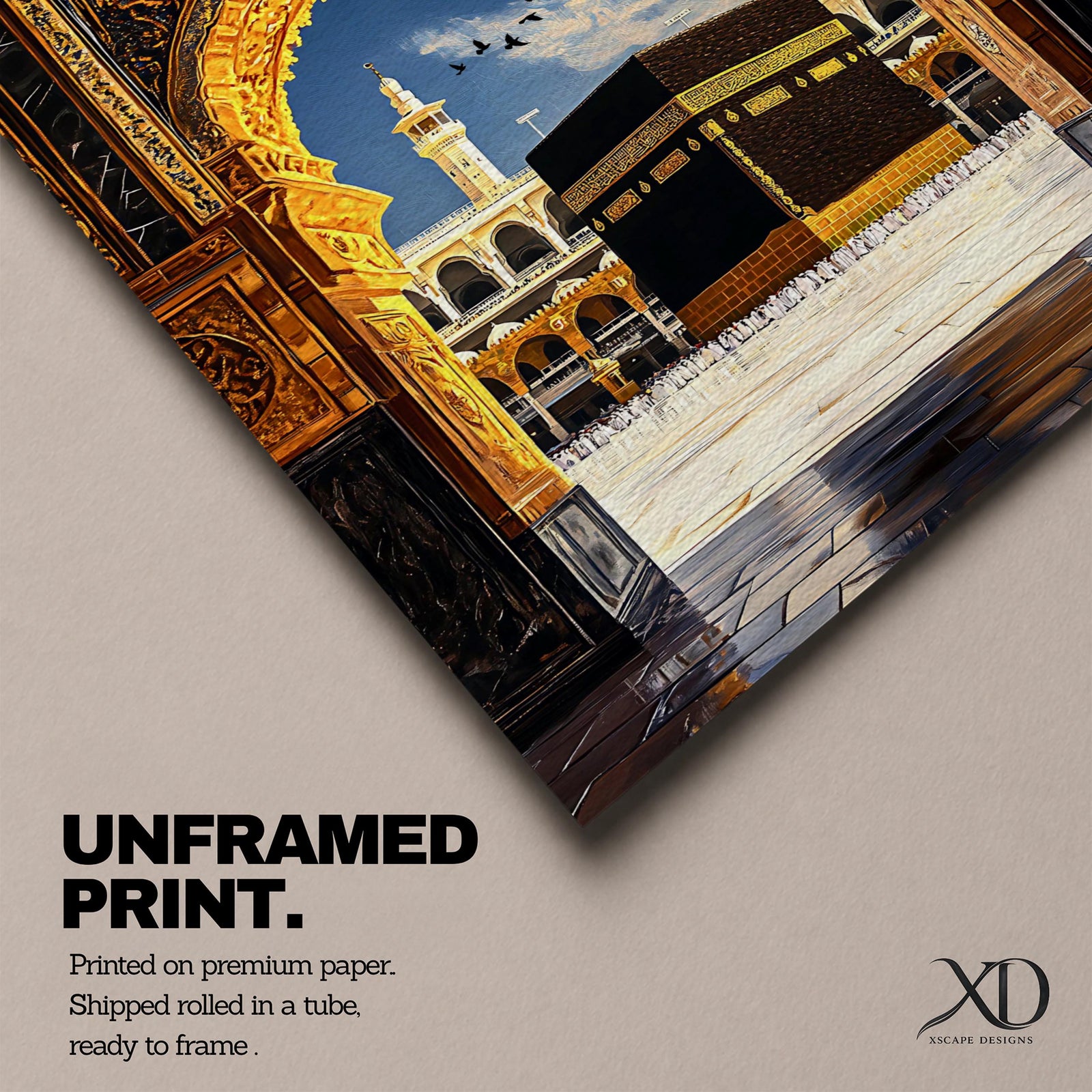 Artwork depicting the Kaaba in Masjid Al Haram in Mecca viewed through an ornate golden mosque arch, with two tall minarets rising behind the sacred courtyard and birds flying across a bright blue sky.