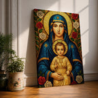 Mosaic icon style artwork of the Virgin Mary holding the child Jesus, both figures shown with golden halos while the infant Christ raises his hand in a blessing gesture, surrounded by red and white roses and intricate mosaic tesserae forming a traditional Catholic Madonna and Child composition.