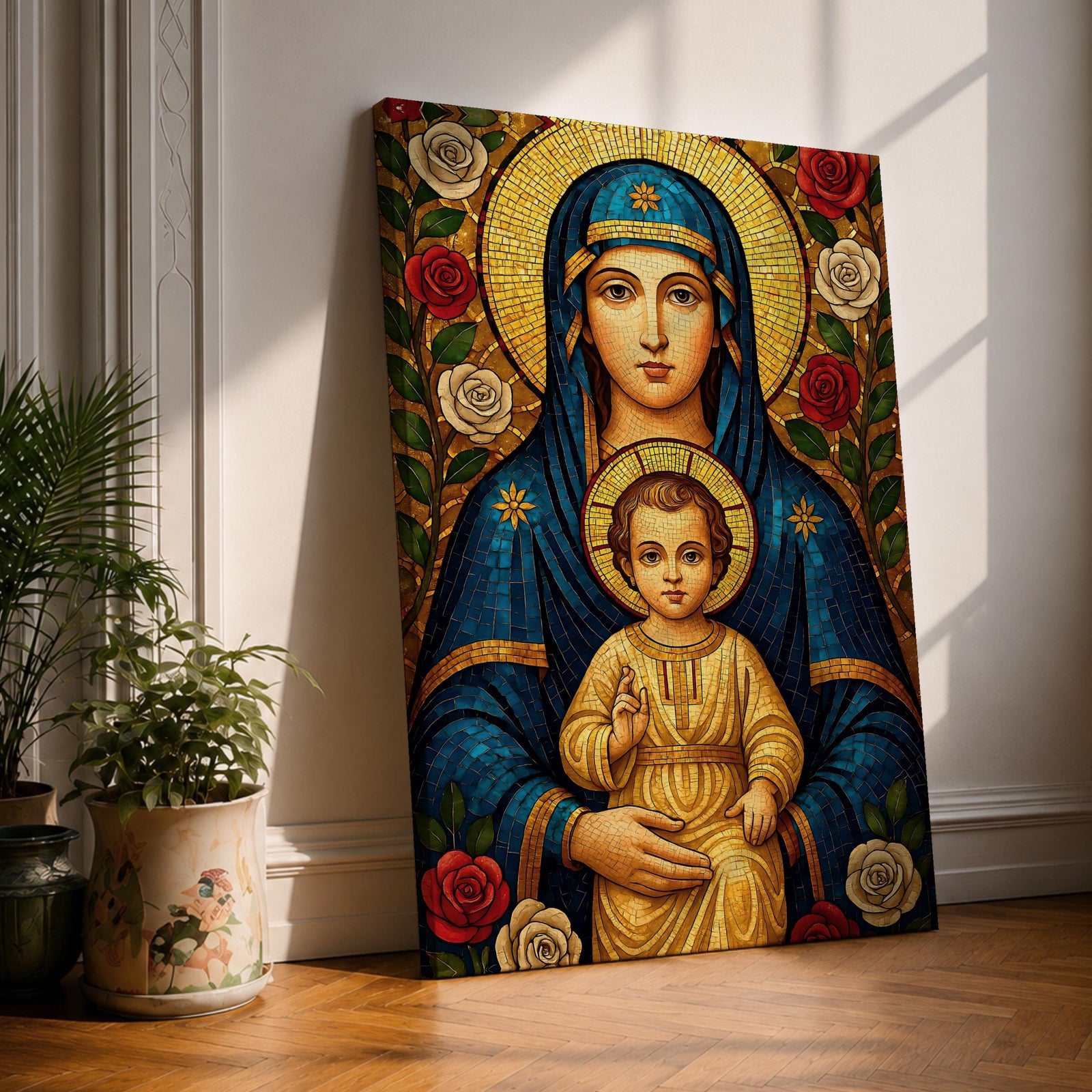 Mosaic icon style artwork of the Virgin Mary holding the child Jesus, both figures shown with golden halos while the infant Christ raises his hand in a blessing gesture, surrounded by red and white roses and intricate mosaic tesserae forming a traditional Catholic Madonna and Child composition.