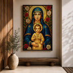 Mosaic icon style artwork of the Virgin Mary holding the child Jesus, both figures shown with golden halos while the infant Christ raises his hand in a blessing gesture, surrounded by red and white roses and intricate mosaic tesserae forming a traditional Catholic Madonna and Child composition.