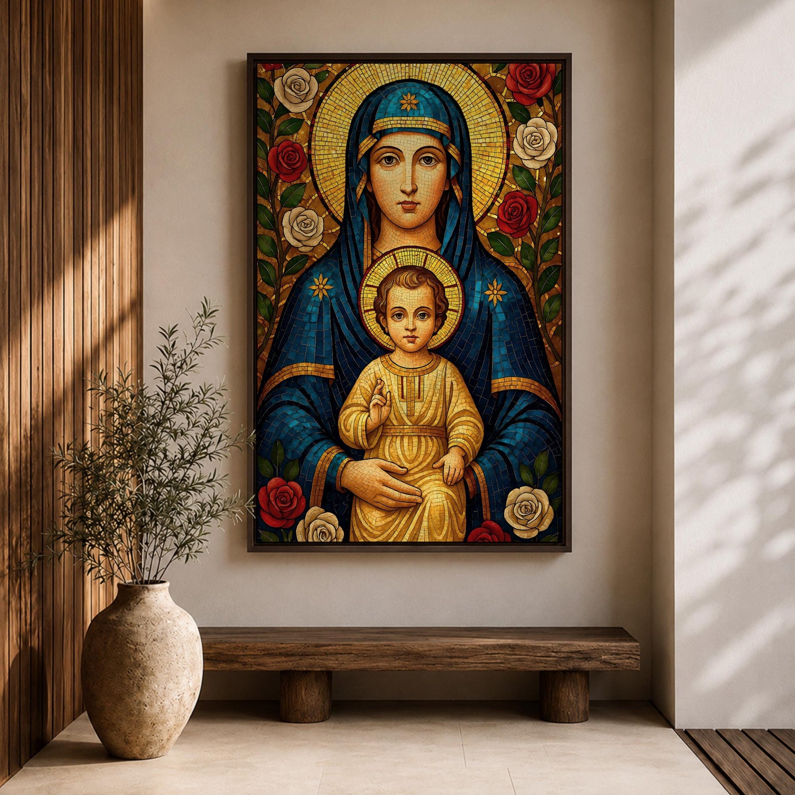 Mosaic icon style artwork of the Virgin Mary holding the child Jesus, both figures shown with golden halos while the infant Christ raises his hand in a blessing gesture, surrounded by red and white roses and intricate mosaic tesserae forming a traditional Catholic Madonna and Child composition.