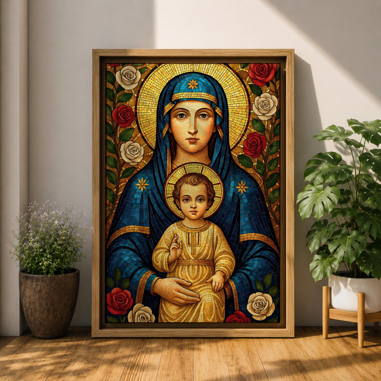 Mosaic icon style artwork of the Virgin Mary holding the child Jesus, both figures shown with golden halos while the infant Christ raises his hand in a blessing gesture, surrounded by red and white roses and intricate mosaic tesserae forming a traditional Catholic Madonna and Child composition.