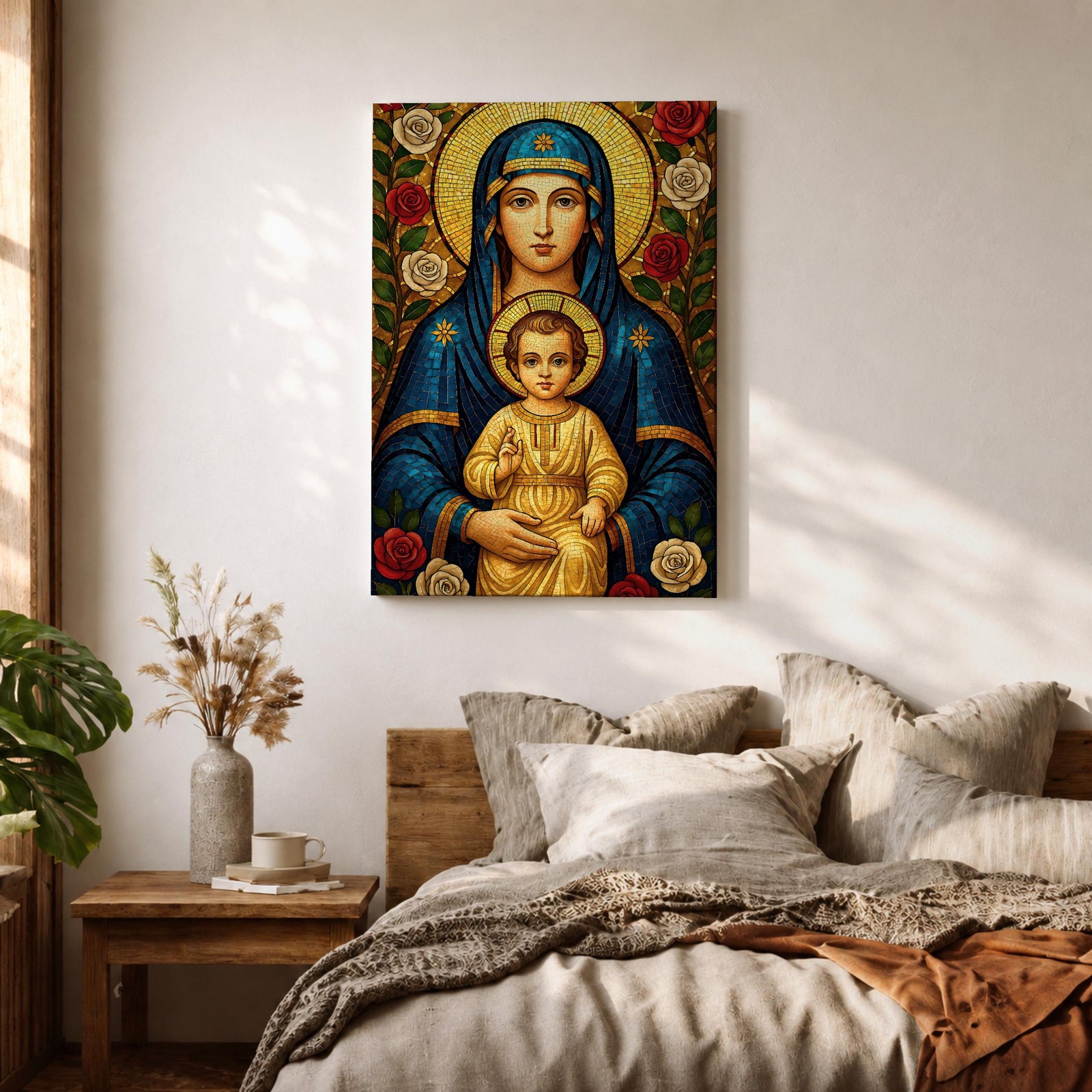 Mosaic icon style artwork of the Virgin Mary holding the child Jesus, both figures shown with golden halos while the infant Christ raises his hand in a blessing gesture, surrounded by red and white roses and intricate mosaic tesserae forming a traditional Catholic Madonna and Child composition.