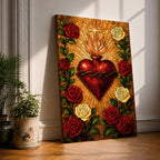 Stained glass style depiction of the Sacred Heart of Jesus showing a flaming red heart crowned with thorns and topped with a glowing cross, radiating golden rays outward while surrounded by red and white roses forming a halo around the devotional symbol in a vibrant Catholic mosaic composition.