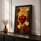 Stained glass style depiction of the Sacred Heart of Jesus showing a flaming red heart crowned with thorns and topped with a glowing cross, radiating golden rays outward while surrounded by red and white roses forming a halo around the devotional symbol in a vibrant Catholic mosaic composition.
