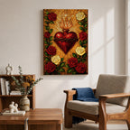 Stained glass style depiction of the Sacred Heart of Jesus showing a flaming red heart crowned with thorns and topped with a glowing cross, radiating golden rays outward while surrounded by red and white roses forming a halo around the devotional symbol in a vibrant Catholic mosaic composition.