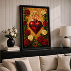 Stained glass style depiction of the Sacred Heart of Jesus showing a flaming red heart crowned with thorns and topped with a glowing cross, radiating golden rays outward while surrounded by red and white roses forming a halo around the devotional symbol in a vibrant Catholic mosaic composition.
