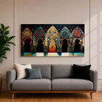 A panoramic artwork depicting a row of ornate Moroccan arches filled with intricate arabesque floral and geometric mosaic patterns in vibrant colors including turquoise, gold, red, and deep blue, arranged symmetrically with detailed Islamic motifs that resemble illuminated stained glass within traditional Moorish architectural frames.