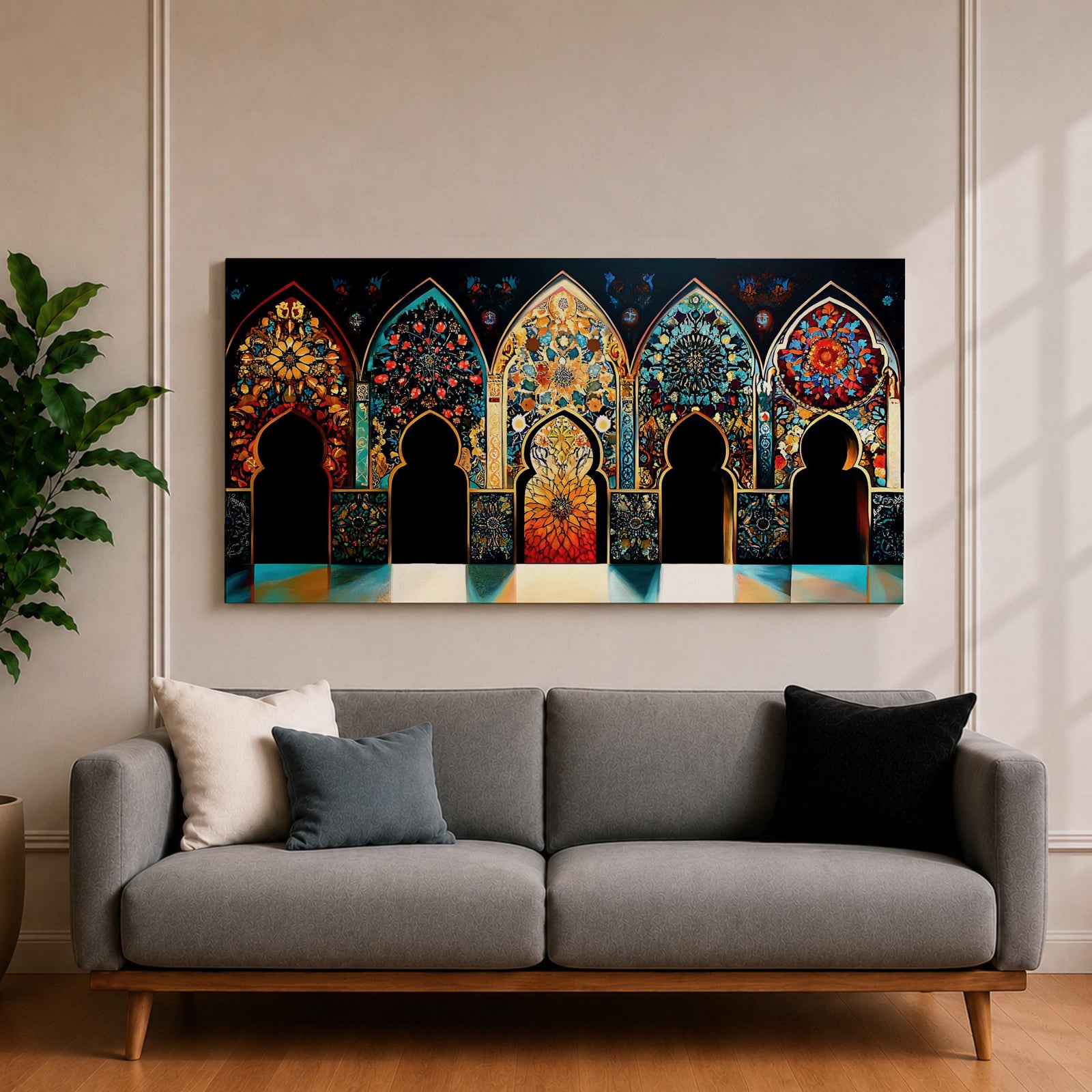 A panoramic artwork depicting a row of ornate Moroccan arches filled with intricate arabesque floral and geometric mosaic patterns in vibrant colors including turquoise, gold, red, and deep blue, arranged symmetrically with detailed Islamic motifs that resemble illuminated stained glass within traditional Moorish architectural frames.
