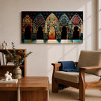 A panoramic artwork depicting a row of ornate Moroccan arches filled with intricate arabesque floral and geometric mosaic patterns in vibrant colors including turquoise, gold, red, and deep blue, arranged symmetrically with detailed Islamic motifs that resemble illuminated stained glass within traditional Moorish architectural frames.