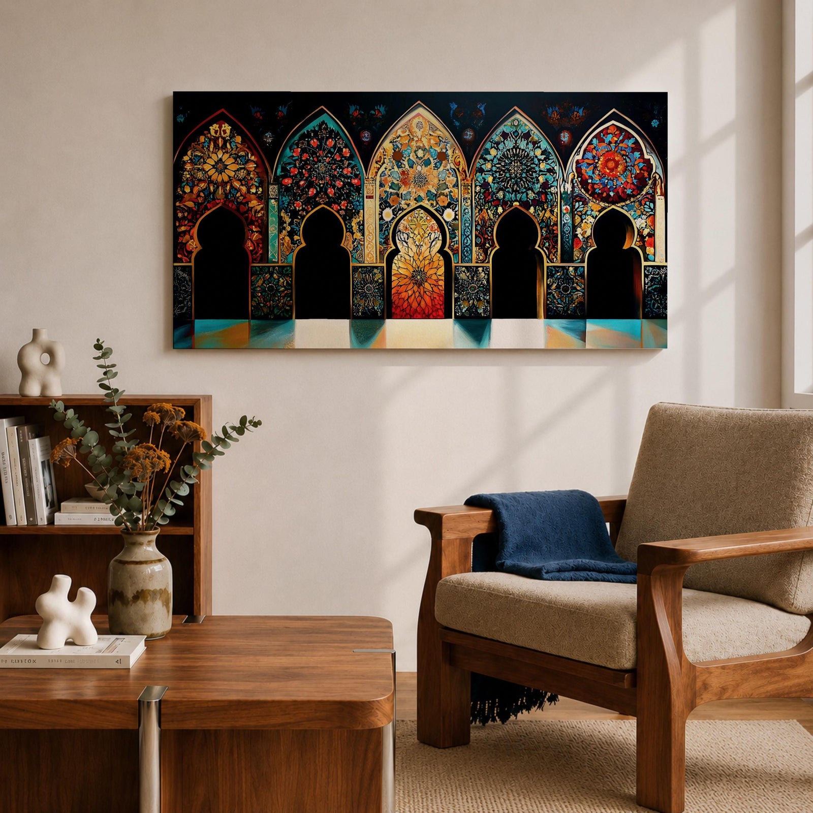 A panoramic artwork depicting a row of ornate Moroccan arches filled with intricate arabesque floral and geometric mosaic patterns in vibrant colors including turquoise, gold, red, and deep blue, arranged symmetrically with detailed Islamic motifs that resemble illuminated stained glass within traditional Moorish architectural frames.
