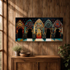 A panoramic artwork depicting a row of ornate Moroccan arches filled with intricate arabesque floral and geometric mosaic patterns in vibrant colors including turquoise, gold, red, and deep blue, arranged symmetrically with detailed Islamic motifs that resemble illuminated stained glass within traditional Moorish architectural frames.