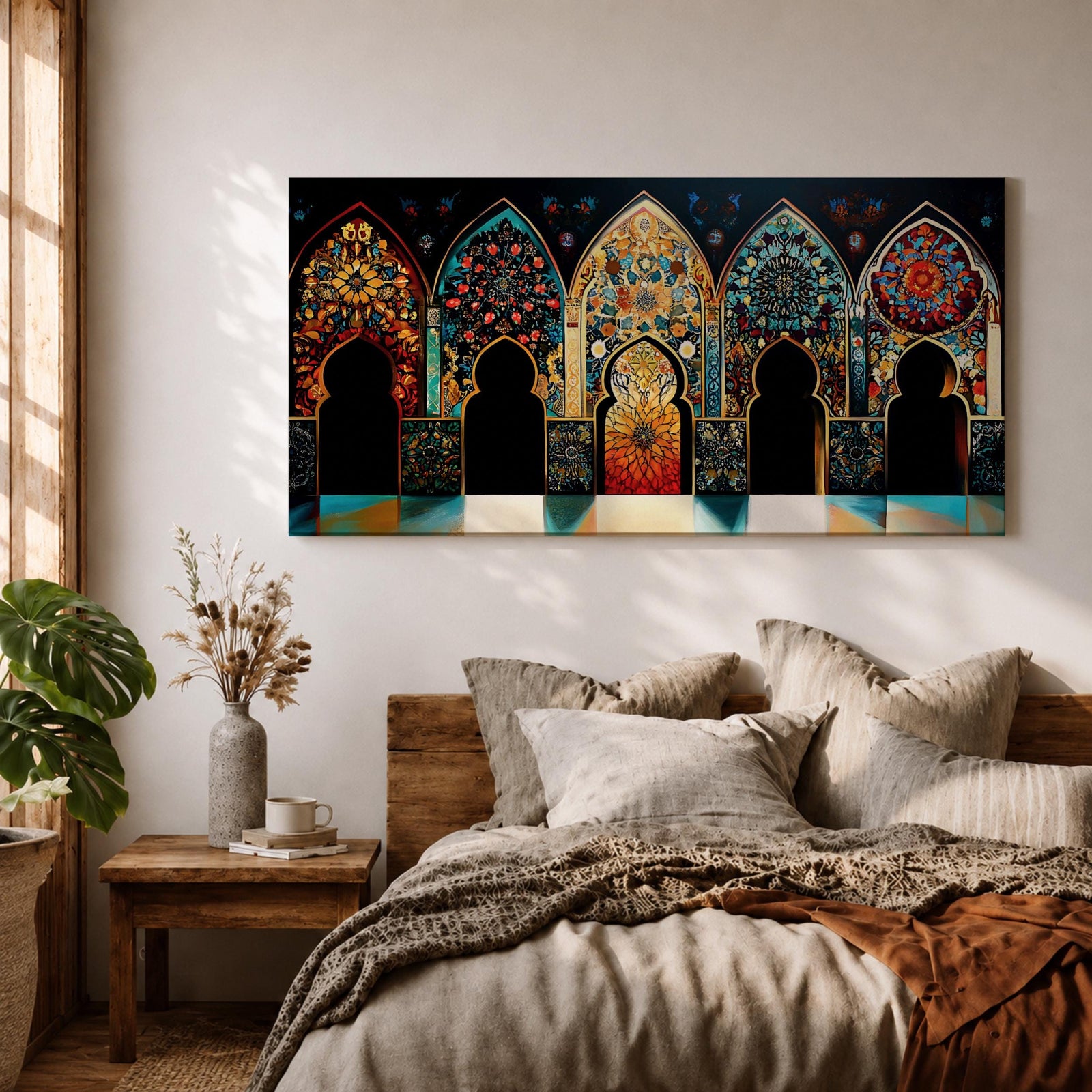A panoramic artwork depicting a row of ornate Moroccan arches filled with intricate arabesque floral and geometric mosaic patterns in vibrant colors including turquoise, gold, red, and deep blue, arranged symmetrically with detailed Islamic motifs that resemble illuminated stained glass within traditional Moorish architectural frames.