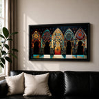A panoramic artwork depicting a row of ornate Moroccan arches filled with intricate arabesque floral and geometric mosaic patterns in vibrant colors including turquoise, gold, red, and deep blue, arranged symmetrically with detailed Islamic motifs that resemble illuminated stained glass within traditional Moorish architectural frames.