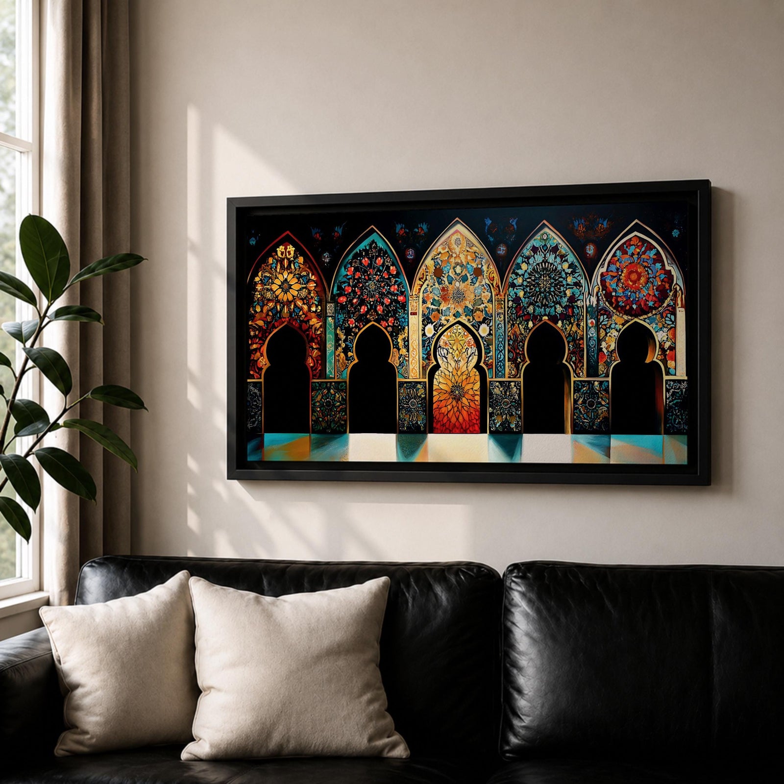 A panoramic artwork depicting a row of ornate Moroccan arches filled with intricate arabesque floral and geometric mosaic patterns in vibrant colors including turquoise, gold, red, and deep blue, arranged symmetrically with detailed Islamic motifs that resemble illuminated stained glass within traditional Moorish architectural frames.