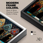 A panoramic artwork depicting a row of ornate Moroccan arches filled with intricate arabesque floral and geometric mosaic patterns in vibrant colors including turquoise, gold, red, and deep blue, arranged symmetrically with detailed Islamic motifs that resemble illuminated stained glass within traditional Moorish architectural frames.