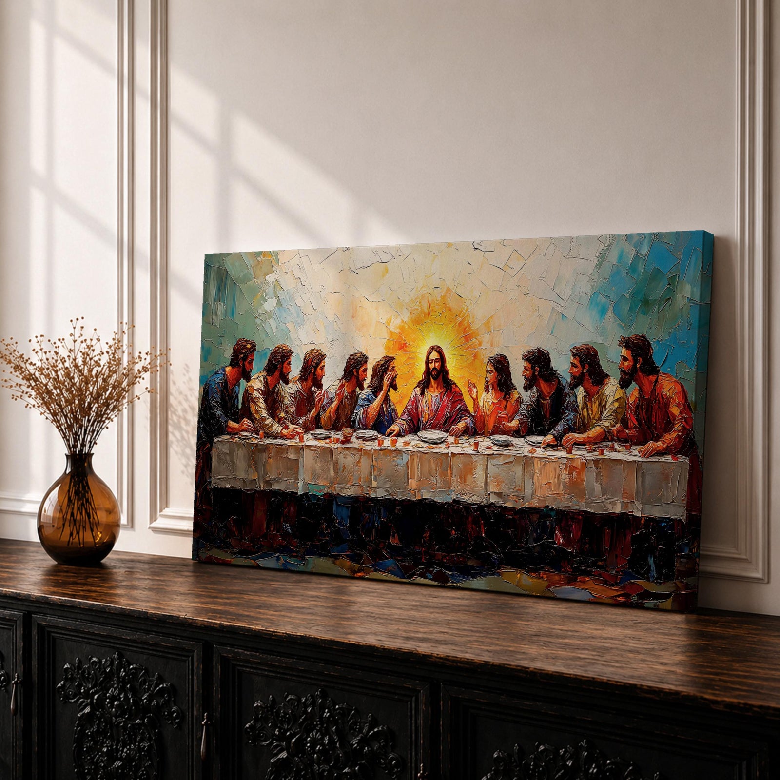 Panoramic painting of Jesus and the twelve apostles at the Last Supper gathered around a long table beneath radiant light.
