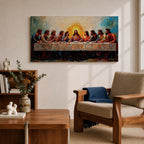 Panoramic painting of Jesus and the twelve apostles at the Last Supper gathered around a long table beneath radiant light.