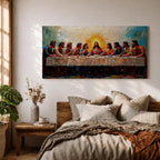 Panoramic painting of Jesus and the twelve apostles at the Last Supper gathered around a long table beneath radiant light.