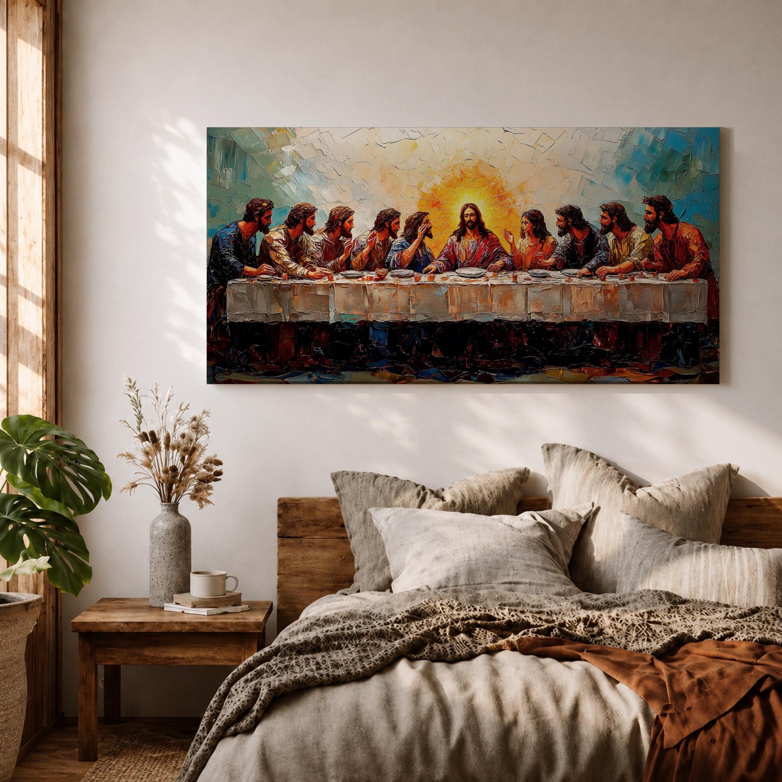 Panoramic painting of Jesus and the twelve apostles at the Last Supper gathered around a long table beneath radiant light.