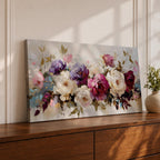 Panoramic painting of a lush bouquet of pink, cream, and purple flowers with expressive textured brushstrokes.