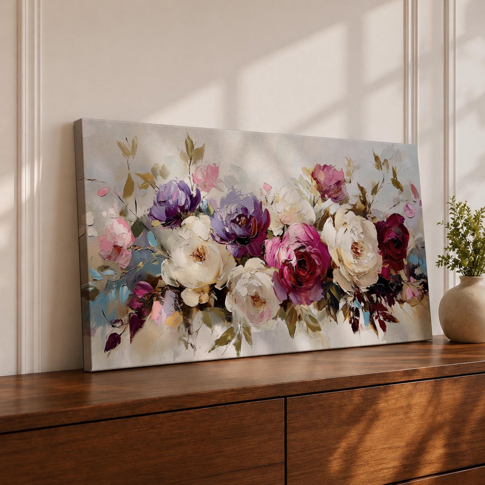Panoramic painting of a lush bouquet of pink, cream, and purple flowers with expressive textured brushstrokes.