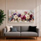 Panoramic painting of a lush bouquet of pink, cream, and purple flowers with expressive textured brushstrokes.