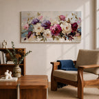 Panoramic painting of a lush bouquet of pink, cream, and purple flowers with expressive textured brushstrokes.