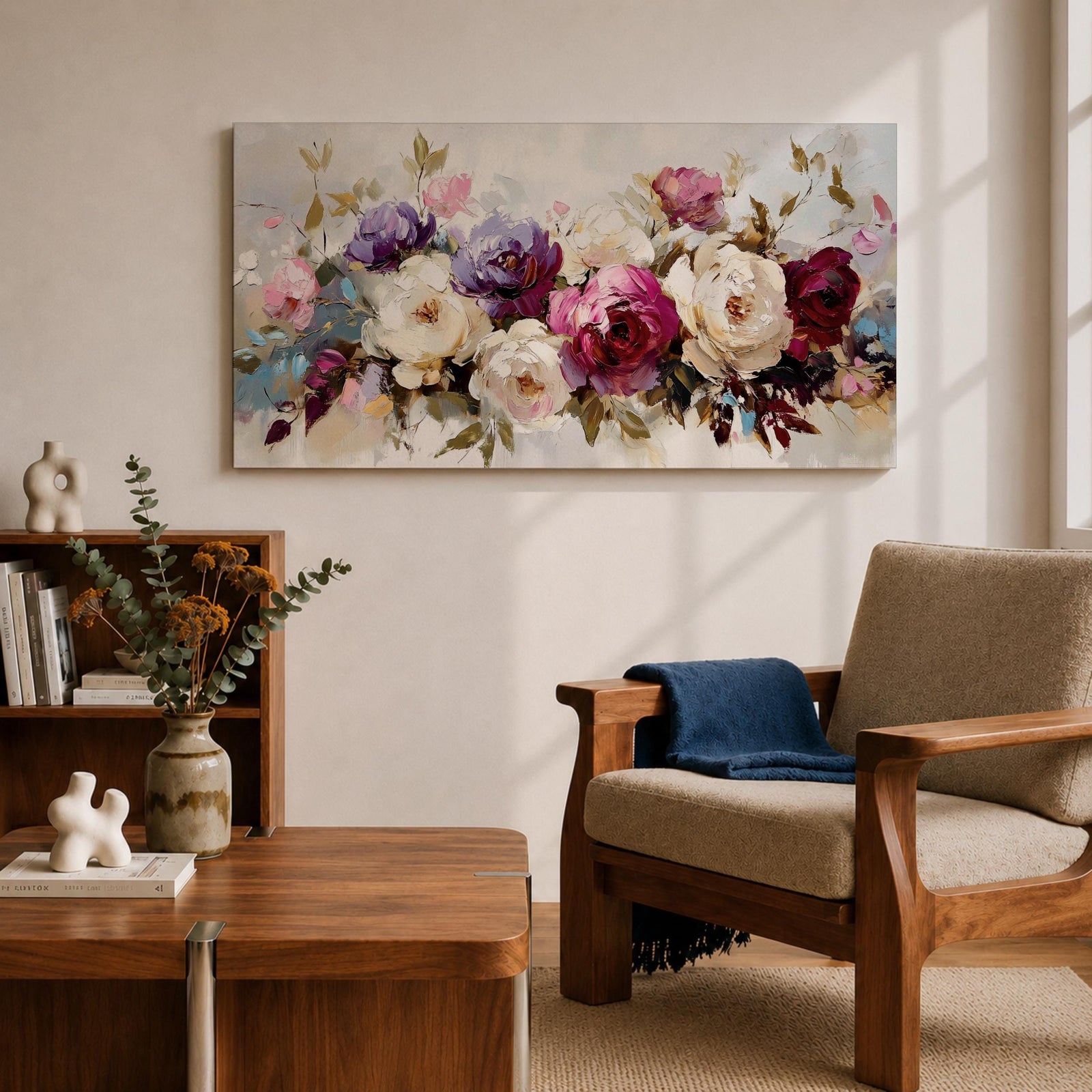Panoramic painting of a lush bouquet of pink, cream, and purple flowers with expressive textured brushstrokes.
