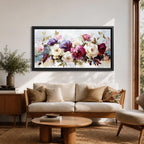 Panoramic painting of a lush bouquet of pink, cream, and purple flowers with expressive textured brushstrokes.