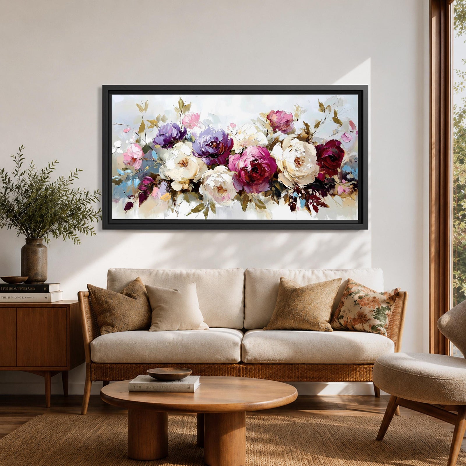 Panoramic painting of a lush bouquet of pink, cream, and purple flowers with expressive textured brushstrokes.