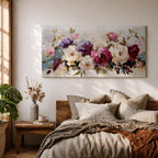 Panoramic painting of a lush bouquet of pink, cream, and purple flowers with expressive textured brushstrokes.