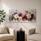 Panoramic painting of a lush bouquet of pink, cream, and purple flowers with expressive textured brushstrokes.
