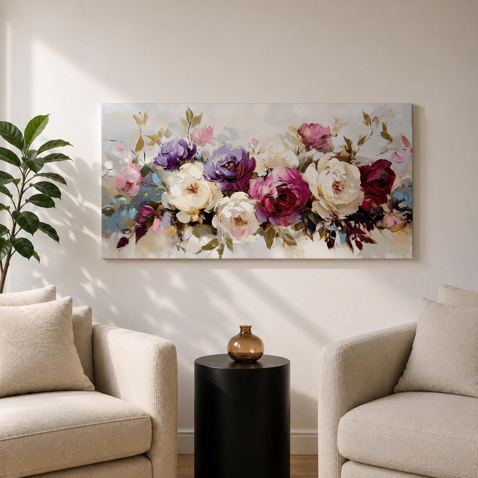 Panoramic painting of a lush bouquet of pink, cream, and purple flowers with expressive textured brushstrokes.