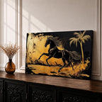 Panoramic painting of a powerful black horse galloping across a golden desert landscape with a palm tree.
