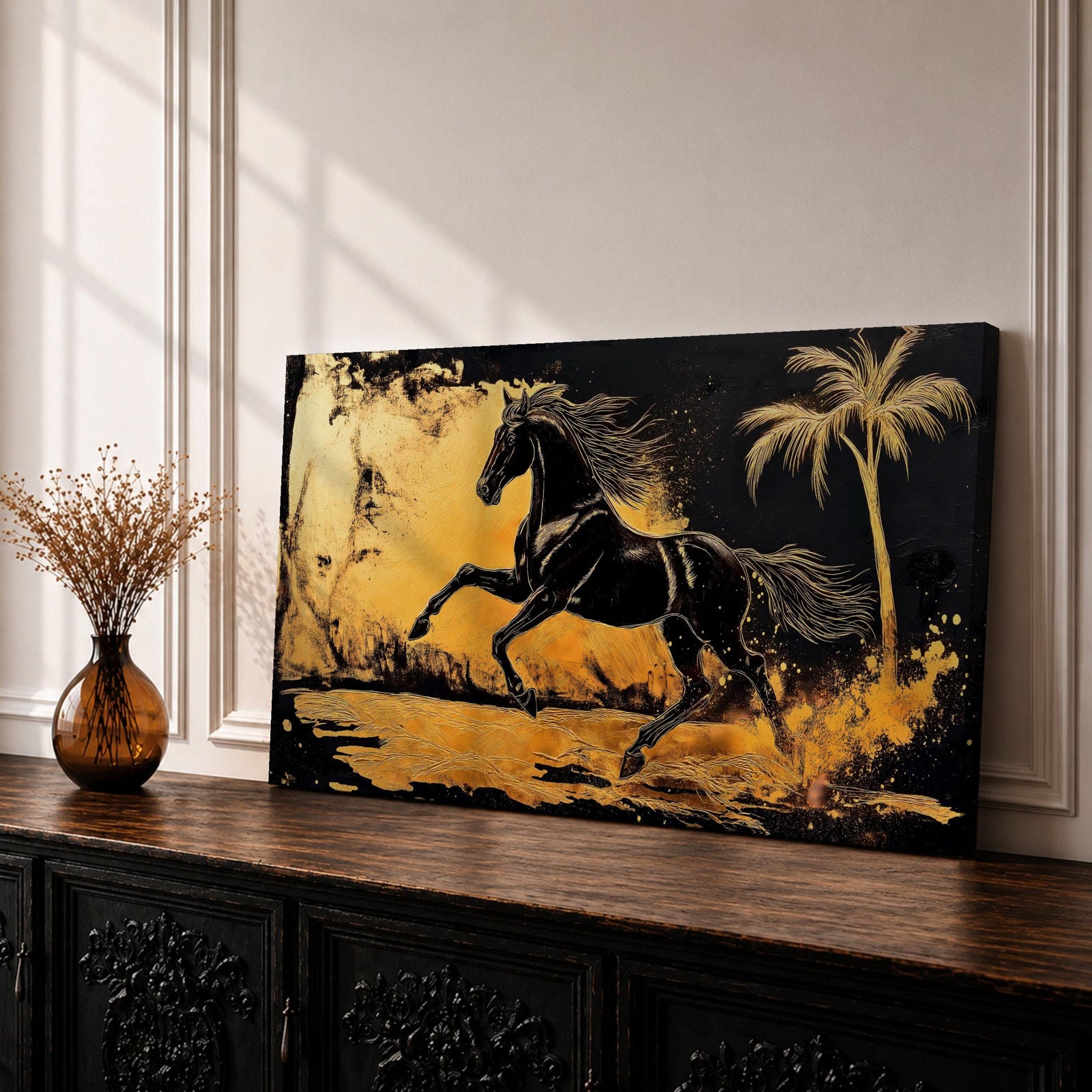 Panoramic painting of a powerful black horse galloping across a golden desert landscape with a palm tree.